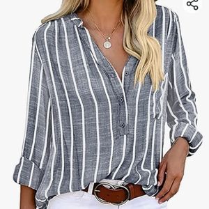 Yidarton Womens Blouses Casual V Neck Stripes Shirts Roll up Sleeve Button Down
